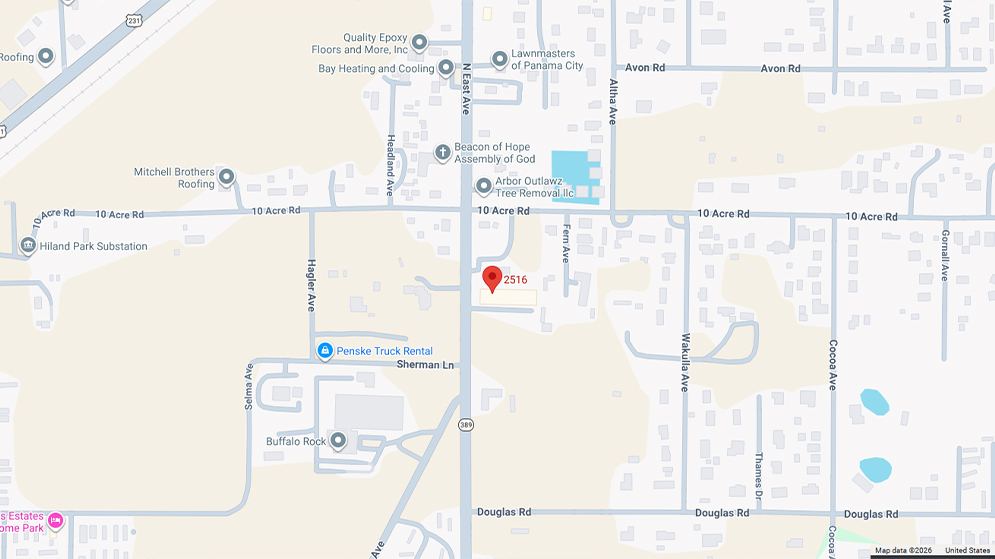 Street map of north Panama City with a pin at BISI Fasteners, 2516 N East Ave
